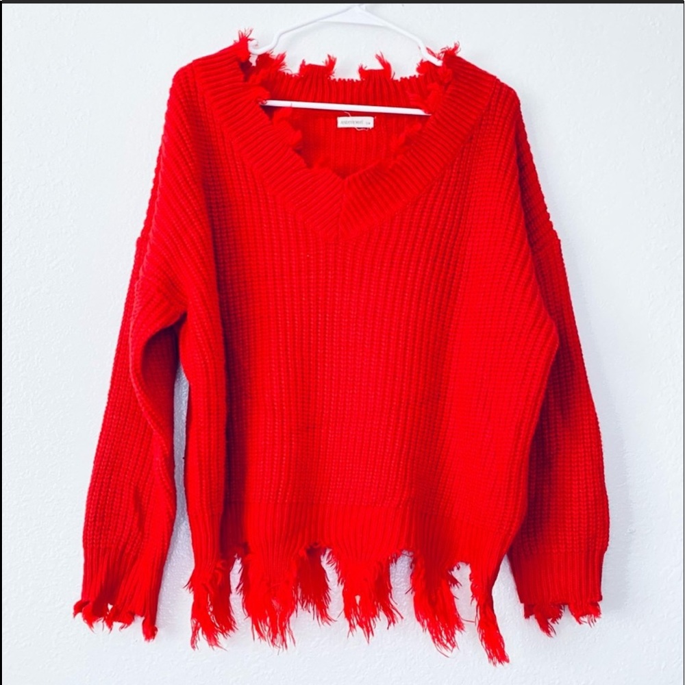 ANDTHEWHY Ripped Torn Distressed V-Neck Cable Knit Sweater Red Small / Medium